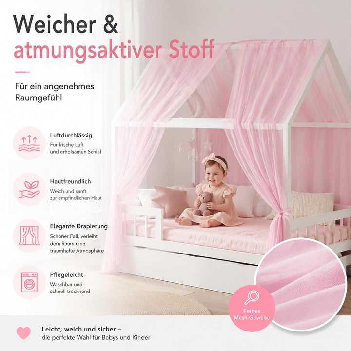 iLuane Kinderbett Baldachin Rosa mit 3 m Baumwoll-Wimpelgirlande, Hausbett Deko Set mit 2 Tüll Vorhä