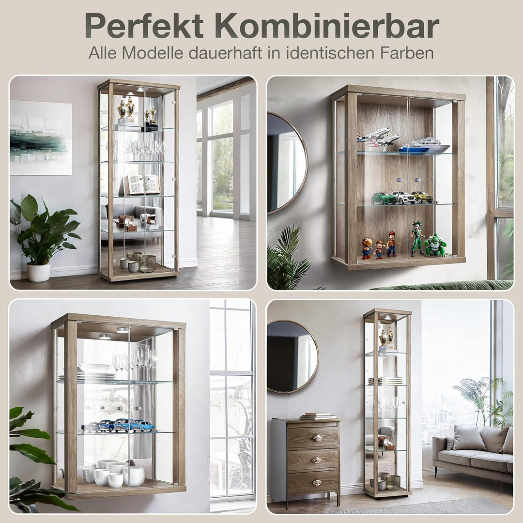 K-Möbel Hängevitrine Glas in Sonoma Eiche (80x60x25 cm) mit 2 höhenverstellbaren Glasböden - Modella