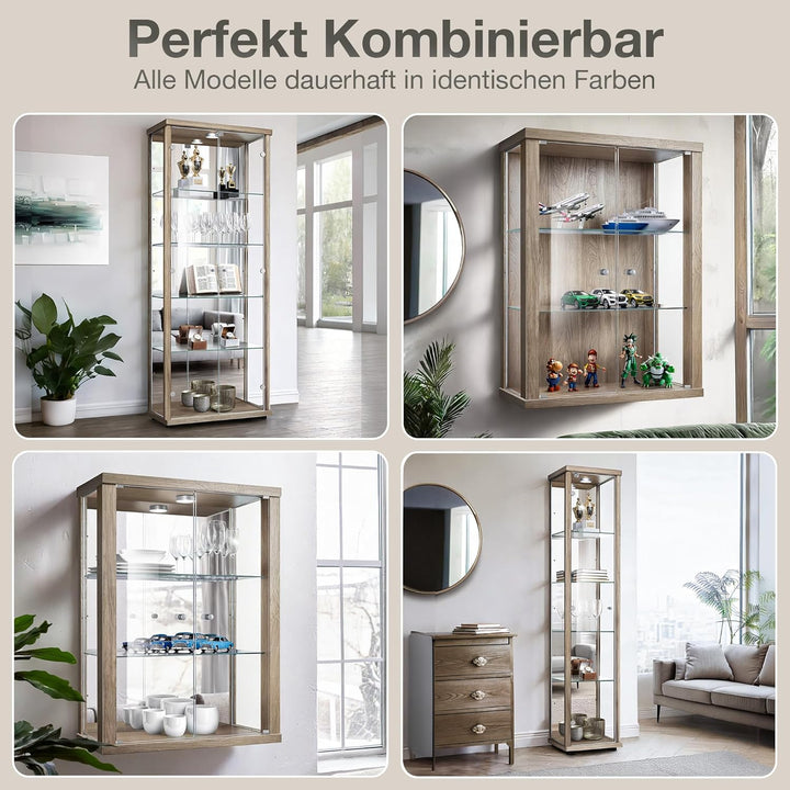 K-Möbel Hängevitrine Glas in Sonoma Eiche (80x60x25 cm) mit 2 höhenverstellbaren Glasböden - Modella