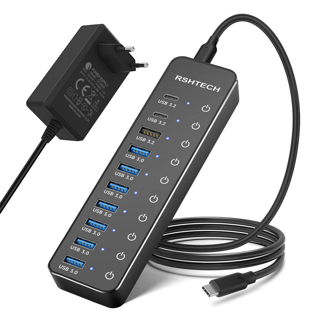 RSHTECH USB Hub 3.2 Aktiv mit Netzteil - Mit 3 10Gbps USB 3.2 und 7 5Gbps USB 3.0 - Insgesamt 10 Por