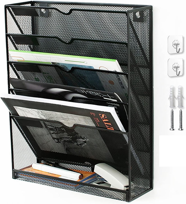 Wand Zeitungshalter 5 Etagen Metall Netz Prospekthalter mit Klebehaken, Desktop Vertikaler Zeitschri