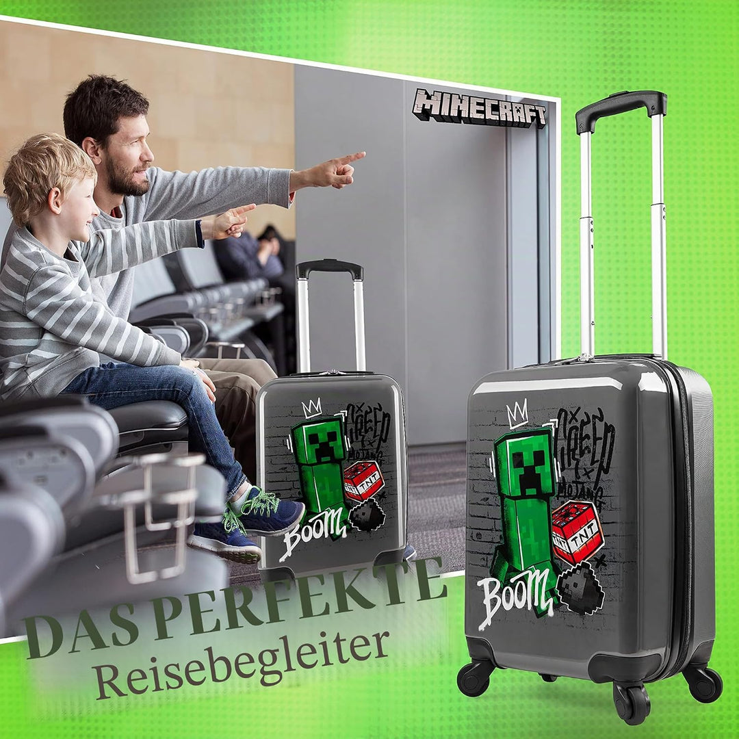 Minecraft Trolley für Kinder | Reisekoffer mit Reissverschlussfach + aufklappbarem Griff mit 4 Rolle