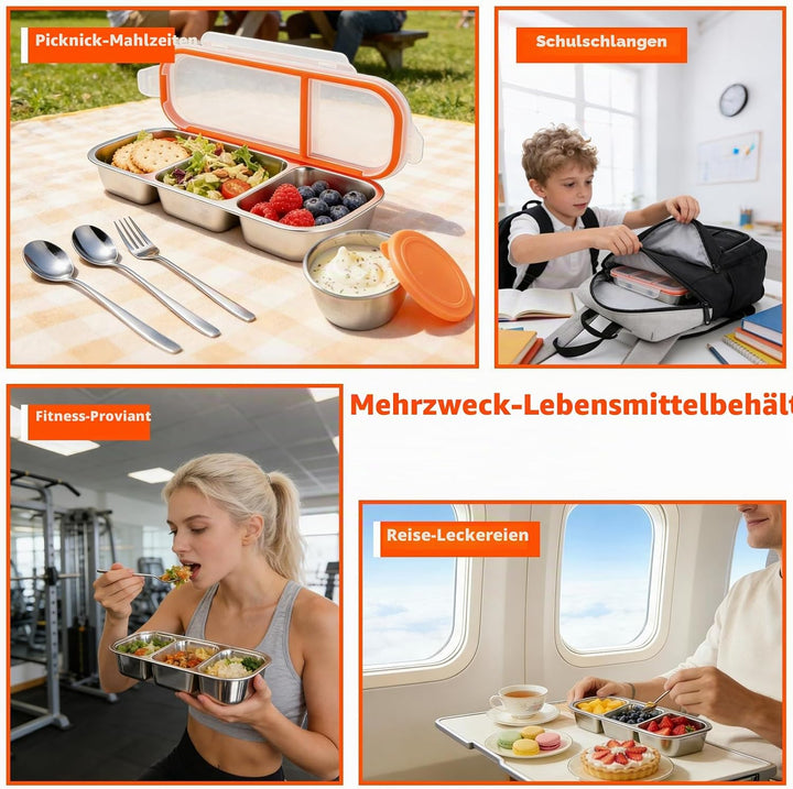 2 Stück Edelstahl Snackbox mit Fächern, wiederverwendbarer Snackbehälter mit luftdichtem Decke, ausl
