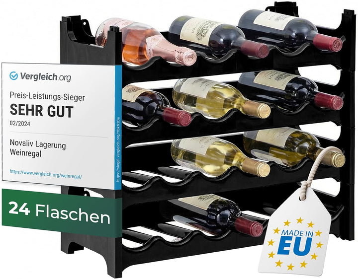 Novaliv Flaschenregal für 24 Flaschen aus Kunststoff, erweiterbar, Weinregal stapelbar, Schwarz, Get