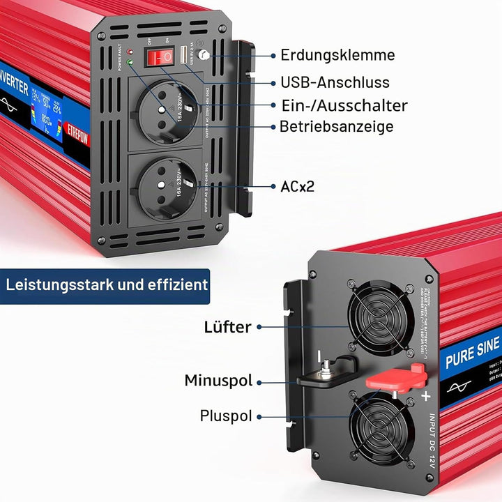 ETREPOW 3000w Spannungswandler 12v Auf 230v Reiner Sinus Wechselrichter mit 2 EU-Steckdose und Einer