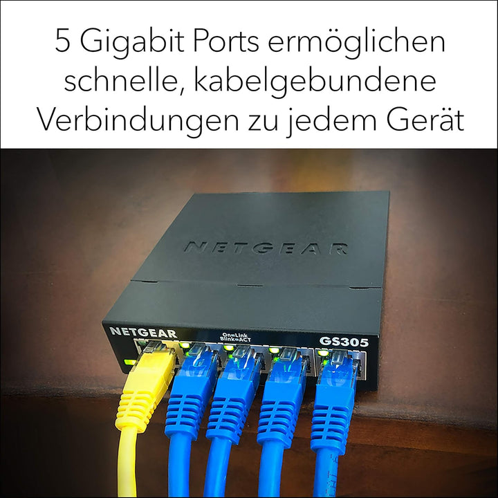 NETGEAR GS305 LAN Switch 5 Port Netzwerk Switch (Plug-and-Play Gigabit Switch LAN Splitter, LAN Vert