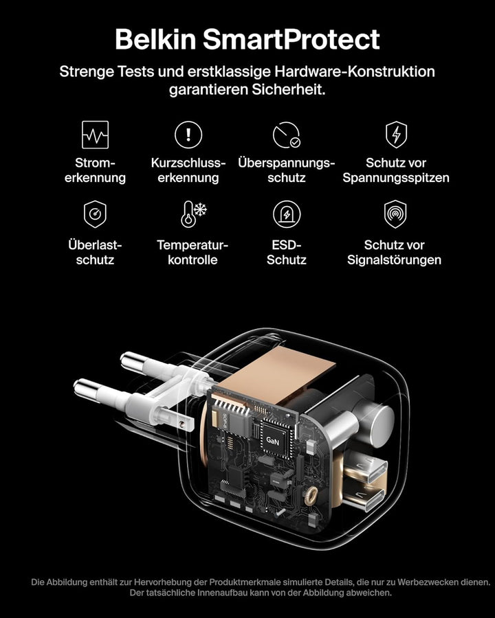 Belkin SmartProtect 2-Port USB C Ladegerät, 67W, GaN-Ladegerät, 2X USB-C, Schnellladen für Geräte wi