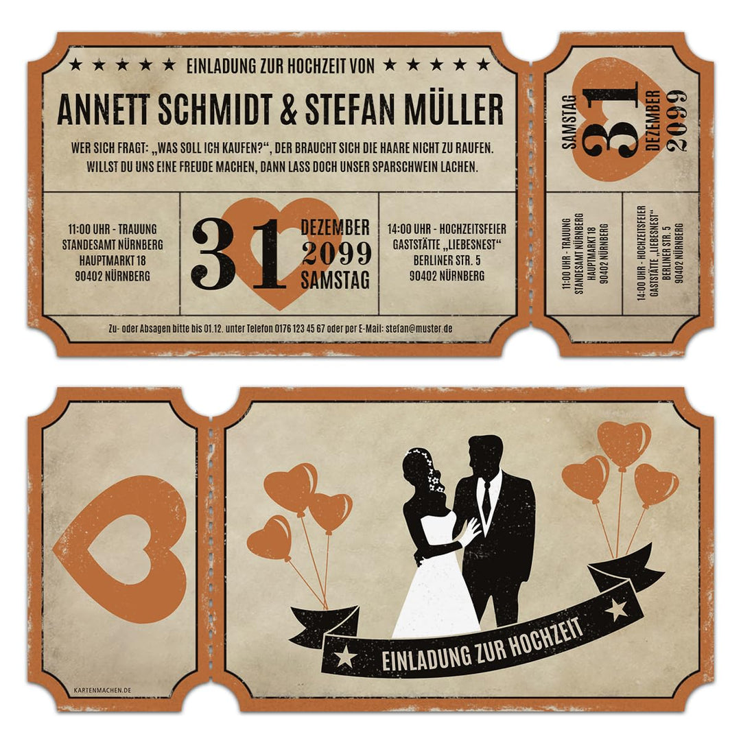 Kartenmachen.de Lasergeschnittene Hochzeitseinladungen (10 Stück) - Vintage Ticket Luftballons - Hoc