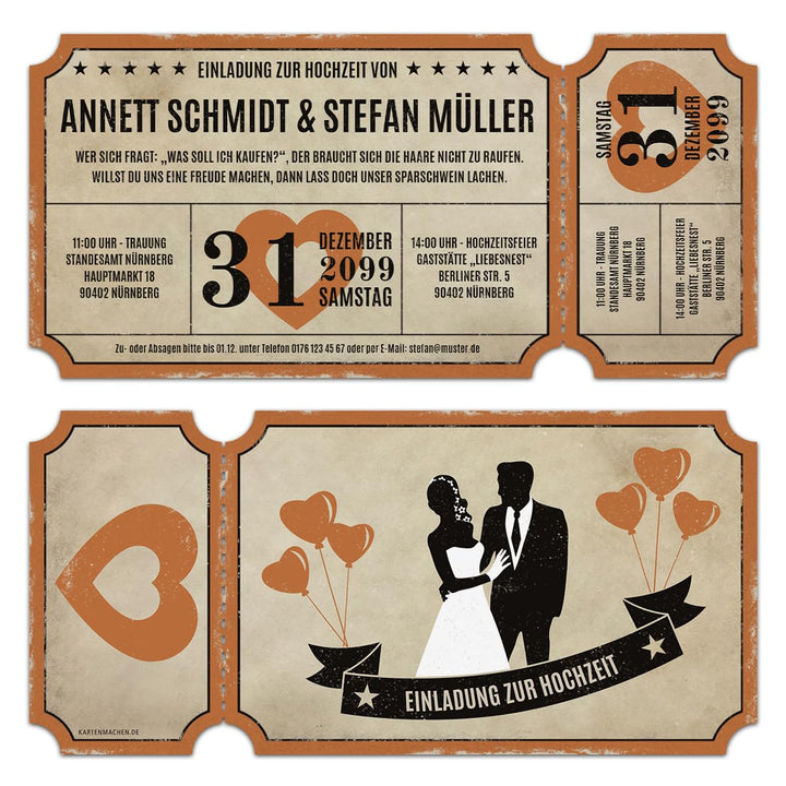 Kartenmachen.de Lasergeschnittene Hochzeitseinladungen (10 Stück) - Vintage Ticket Luftballons - Hoc