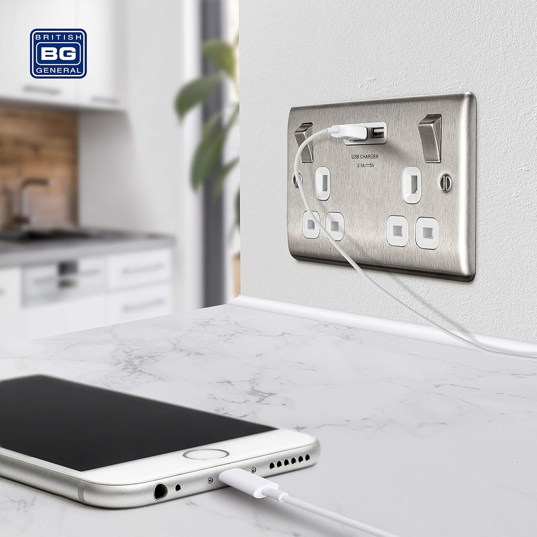 BG Electrical NBS22U3W Nexus Metall, gebürsteter Stahl, doppelt geschaltete 13A-Steckdose mit USB-Au