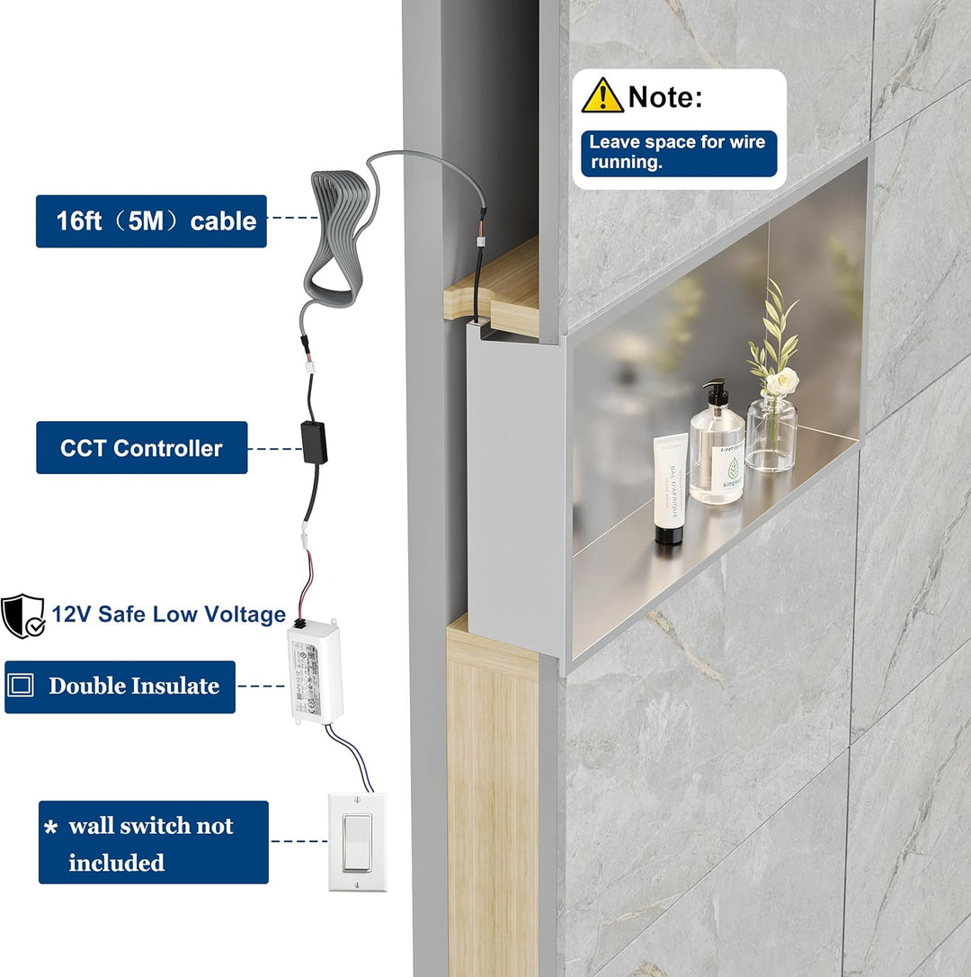 Neohomee Wandnische Dusche Edelstahl mit LED-Licht, Eingebettete Duschnische 60x30cm mit 3 Farben fü