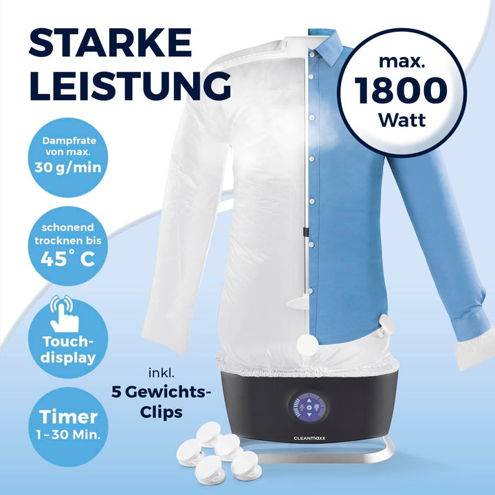 CLEANmaxx automatischer Hemdenbügler PRO STEAM + Hosenaufsatz | Dampffunktion, Touchdisplay | Bügelg