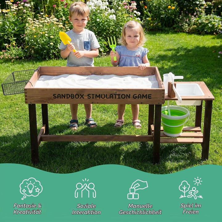 WOODENFUN Matschküche für Kinder Outdoor Sandkasten mit Dekoration Holz Zubehör, Spülen, Eimer, Sand