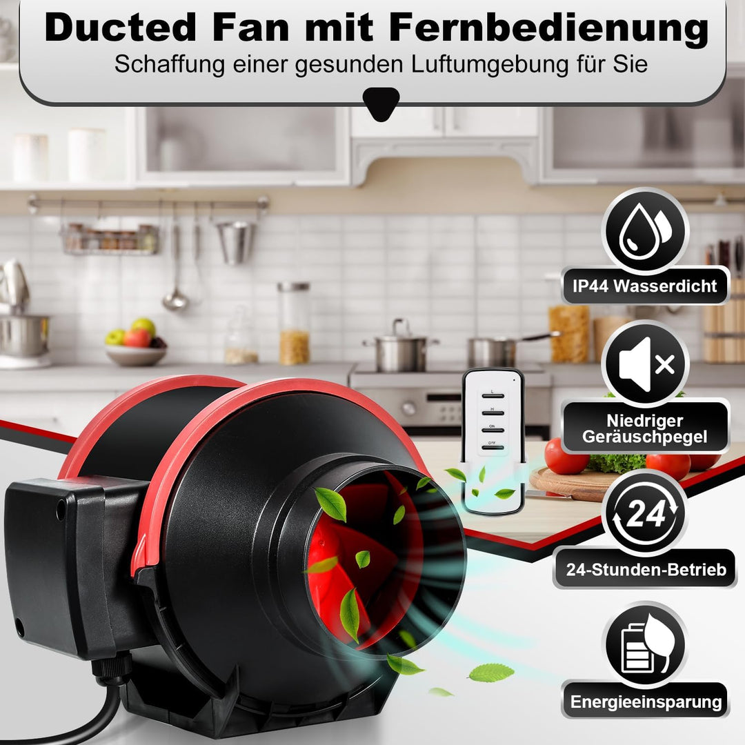 Rohrventilator 150mm mit Fernbedienung und Rückstauklappe – 540m³/h Luftzirkulation, 2-Gang Regler f