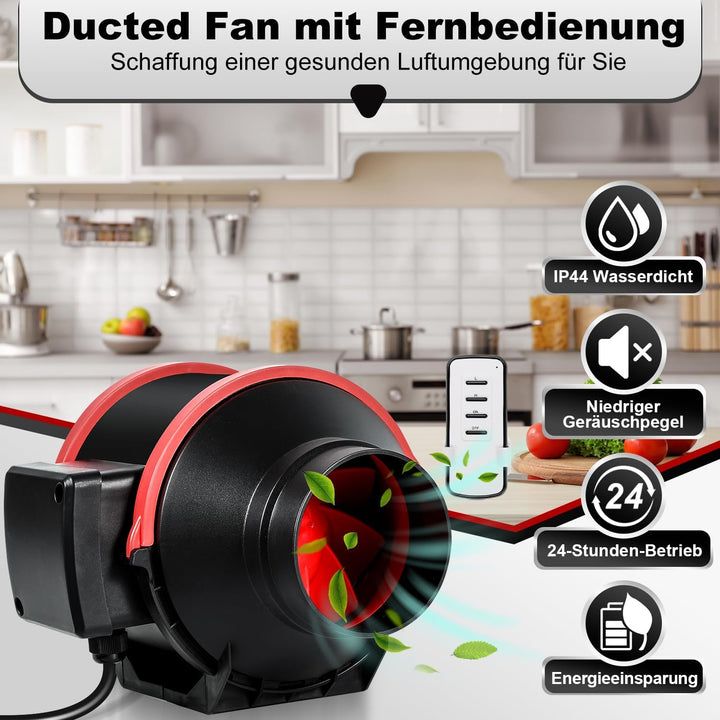 Rohrventilator 150mm mit Fernbedienung und Rückstauklappe – 540m³/h Luftzirkulation, 2-Gang Regler f