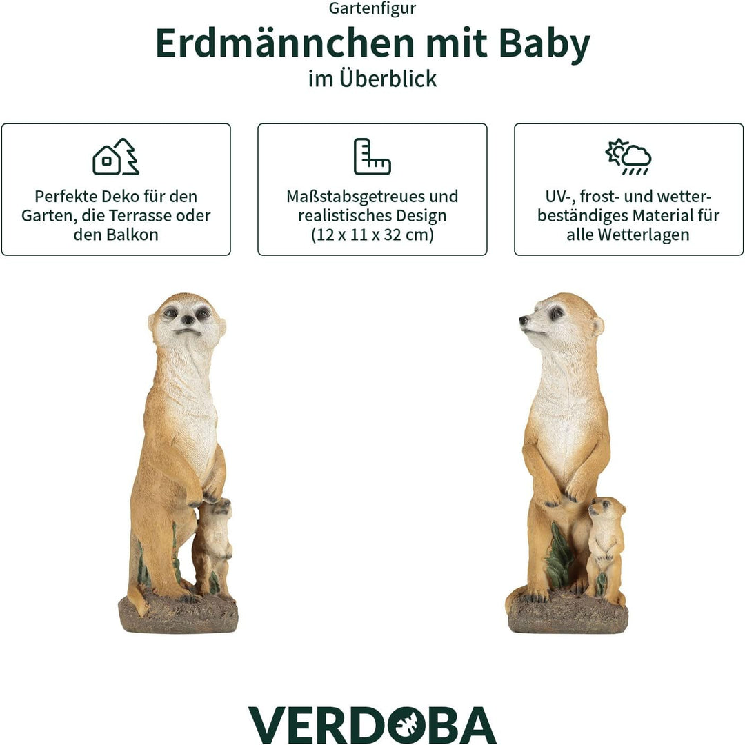 VERDOBA - Erdmännchen Gartenfigur Mutter mit Baby aus Kunstharz - Wetterfeste Gartenfiguren für drau