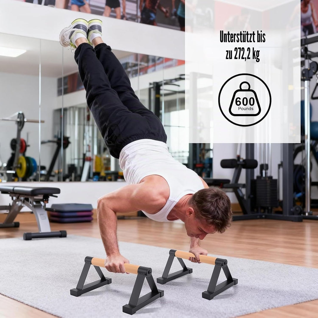 Parallettes Stäbe，Massivholz mit stabilem Metall Dreieck Halterung Push up Bars，Anti-Rutsch Handstan