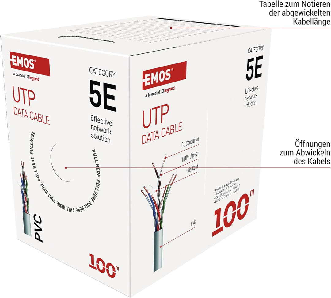 EMOS - UTP Netzwerkkabel CAT 5e, 100m, PVC - CAT5e-Patchkabel UTP - Cu-Draht- Gigabit LAN Kabel - un