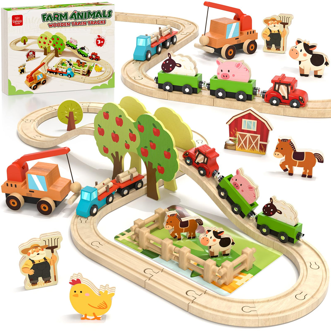 Lehoo Castle Holzeisenbahn, Holz Bauernhof Spielzeug, Holztiere, Kuhstall Spielzeug ab 3 4 5 Jahre M