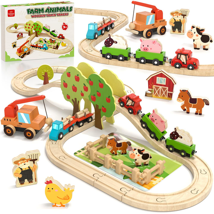 Lehoo Castle Holzeisenbahn, Holz Bauernhof Spielzeug, Holztiere, Kuhstall Spielzeug ab 3 4 5 Jahre M