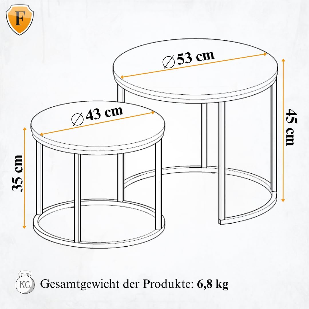 FORTENA 2er Set Couchtische, Schwarze oder goldene Metallbeine, Industrial-Stil, Raund (Rustikal – S