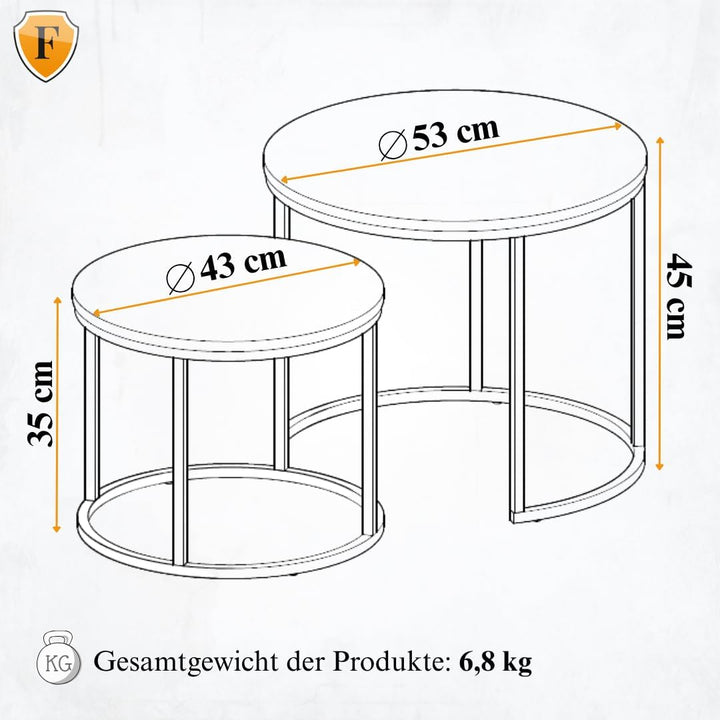 FORTENA 2er Set Couchtische, Schwarze oder goldene Metallbeine, Industrial-Stil, Raund (Rustikal – S