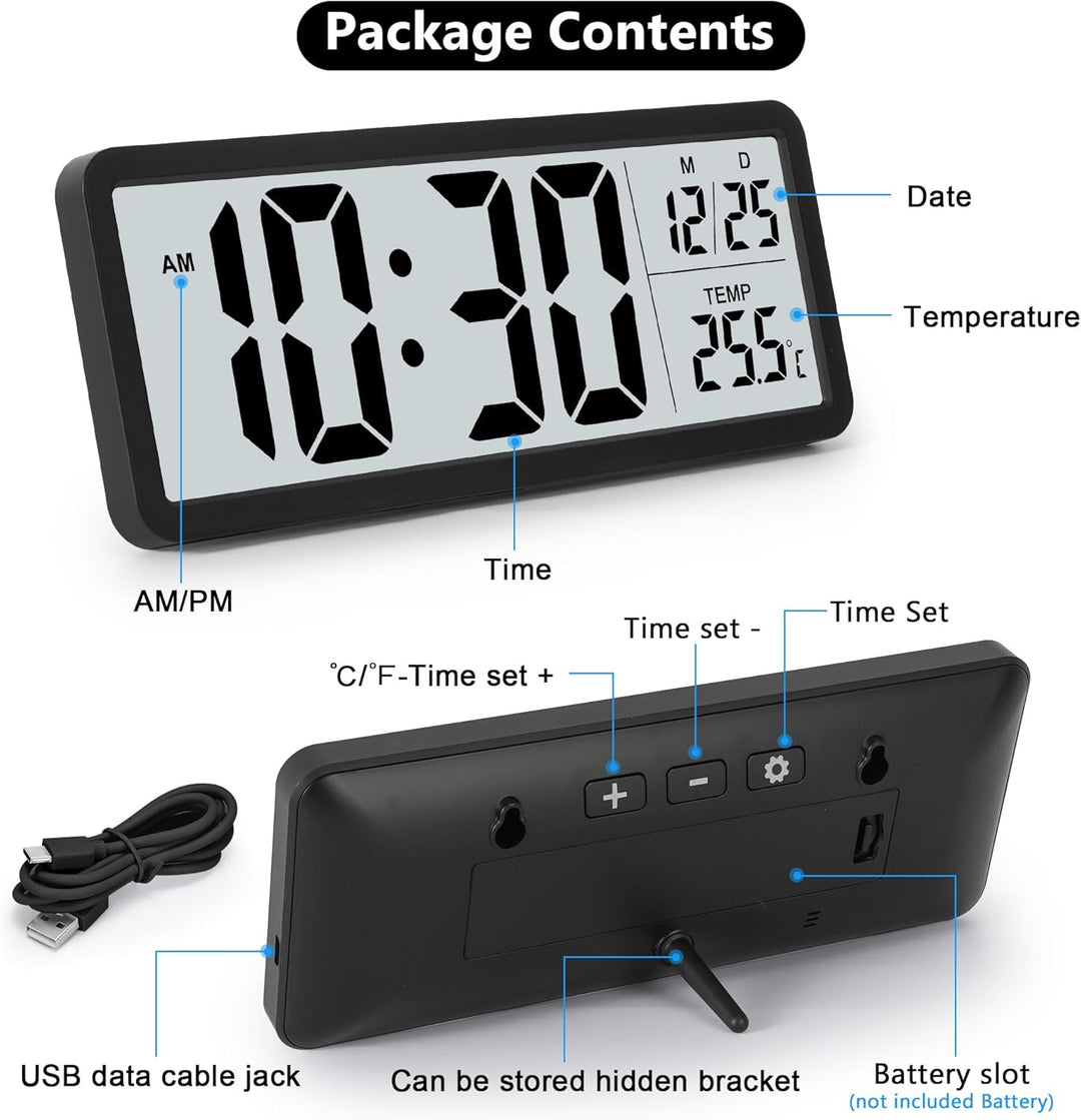 Sukeen Digitale Wanduhr Batteriebetrieben, Wanduhr Digitaluhr mit Grossen Ziffern, Temperatur, 12/24