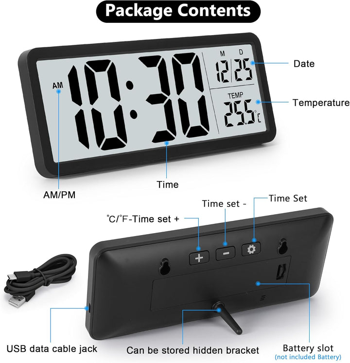 Sukeen Digitale Wanduhr Batteriebetrieben, Wanduhr Digitaluhr mit Grossen Ziffern, Temperatur, 12/24