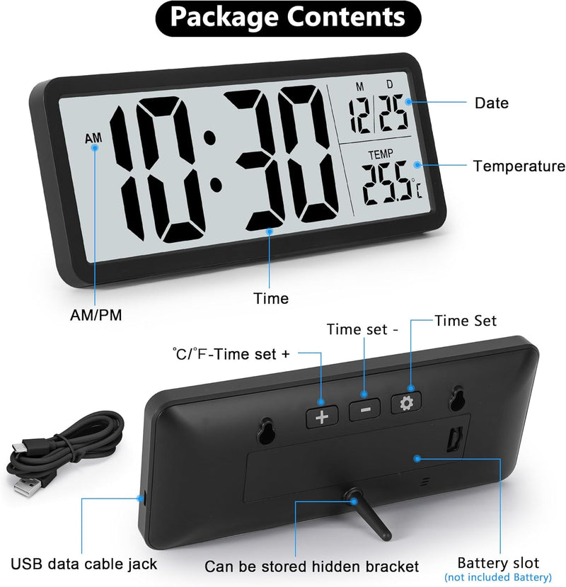 Sukeen Digitale Wanduhr Batteriebetrieben, Wanduhr Digitaluhr mit Grossen Ziffern, Temperatur, 12/24