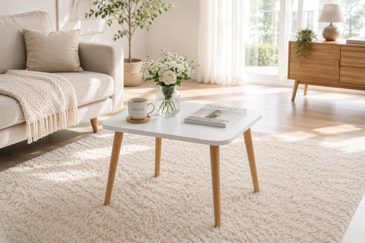 PlayPals Couchtisch Weiss Rechteckig 70x50 cm – Skandinavischer Wohnzimmertisch Holzbeine, Sofatisch
