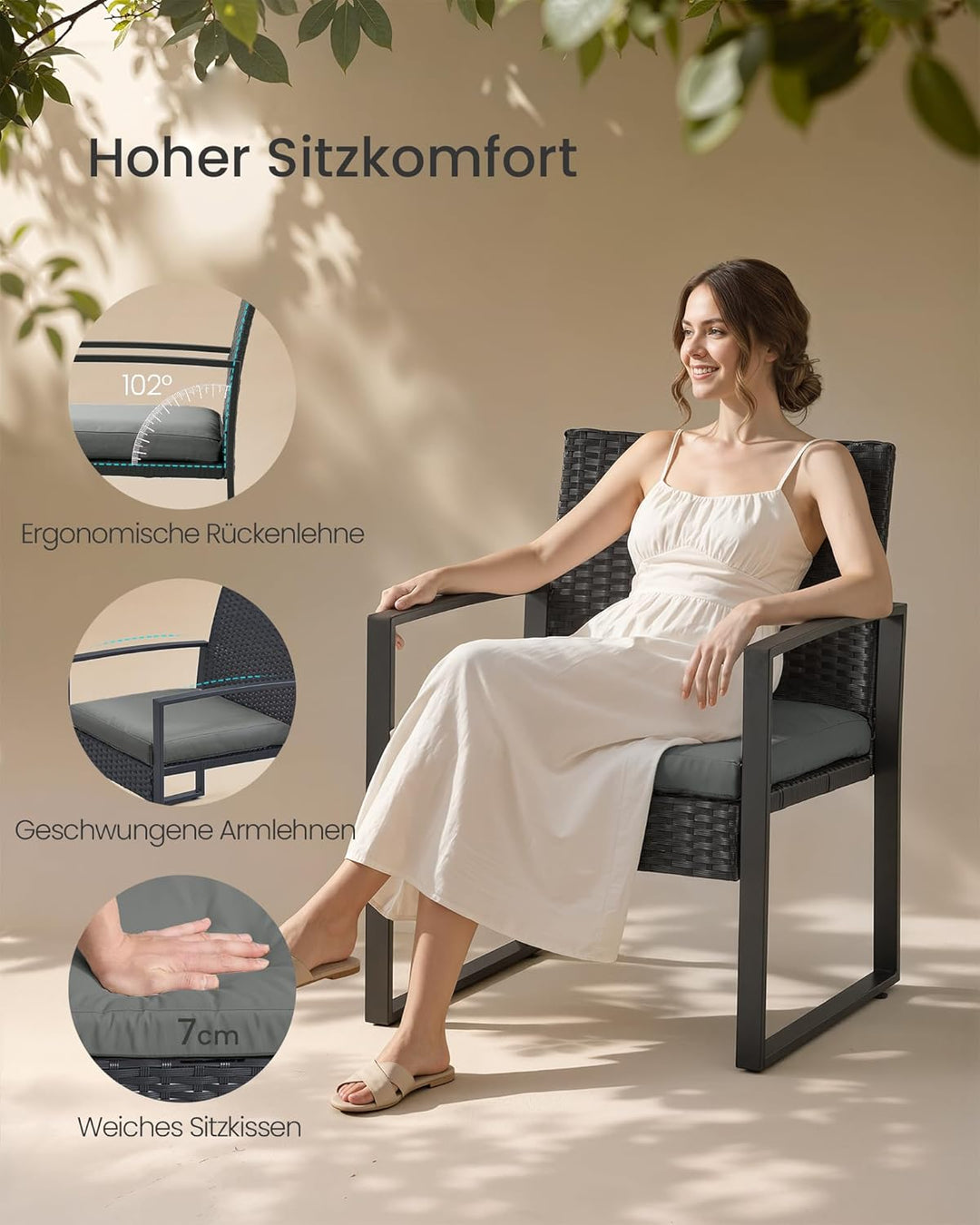 SONGMICS Balkonmöbel, Gartenmöbel-Set, aus PE-Polyrattan, Lounge-Set, Tisch und 2 Stühle, Terrassenm