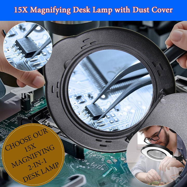 15X Magnifying Glass Desk Lamp with Clamp and Base, Real Glass Lens, 84 LEDs, 5 Color Modes Dimmable