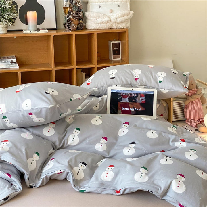 Freyamy Weihnachts Bettwäsche Set 135x200cm Grau Bunt Schneemann Bettwaren-Sets Junge Mädchen Weihna