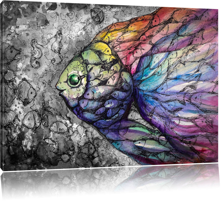 schön gezeichnete Fische schwarz/weiss Format: 100x70 auf Leinwand, XXL riesige Bilder fertig gerahm