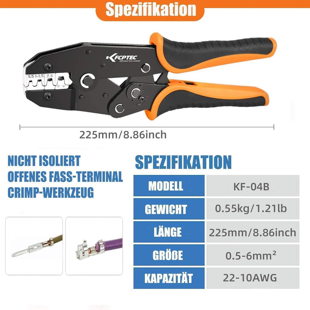 KF CPTEC Open-Barrel Crimpzange AWG 22–10 (0,5–6 mm²) für nicht isolierte Kabelschuhe & Flachstecker