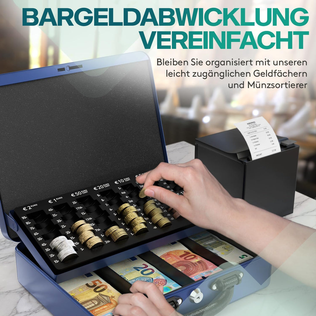 ACROPAQ Geldkassette - Abschliessbar, Mit Münzzählbrett, Gross, 30 x 24,5 x 9 cm, Mit 2 Schlüsseln,