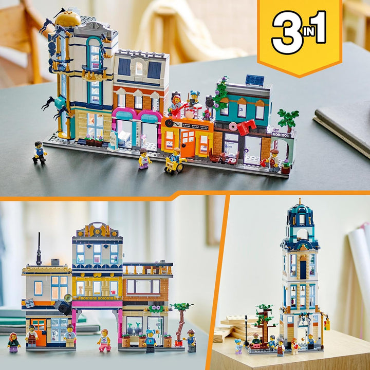LEGO 31141 Creator 3-in-1 Hauptstrasse zu Art-déco-Hochhaus oder Marktstrasse Modellbau-Set, Konstru