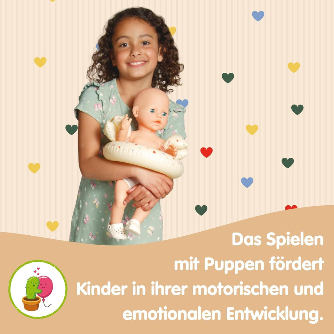 Heless 50550 - Puppen-Schwimmset in Beige Herz Konfetti, mit Schwimmring, Schwimmflügeln, Clogs und