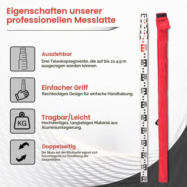 5m Professionelle Aluminium Nivellierlatte - Einseitiger metrischer Massstab mit Höhenmessung, Heavy