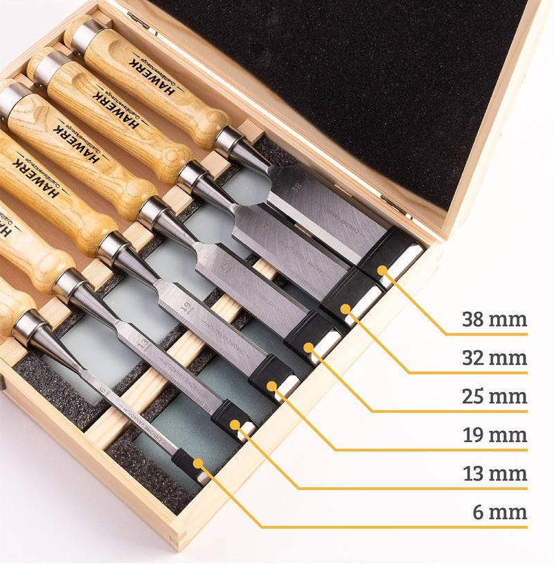 Hawerk Stemmeisen Stechbeitel Set für Holz | 6 Beitel + 2 Abziehsteine + Koffer von Hawerk - Stechei