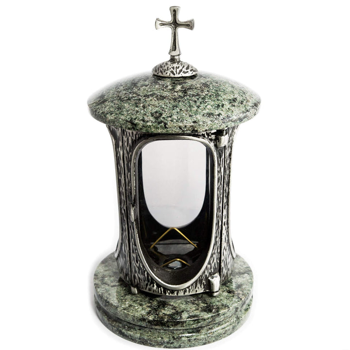 Stilvolle Grablaterne Anthrazit mit Kreuz Granit Olive Höhe 27 cm/Ø 15 cm Grableuchte Grablicht Grab