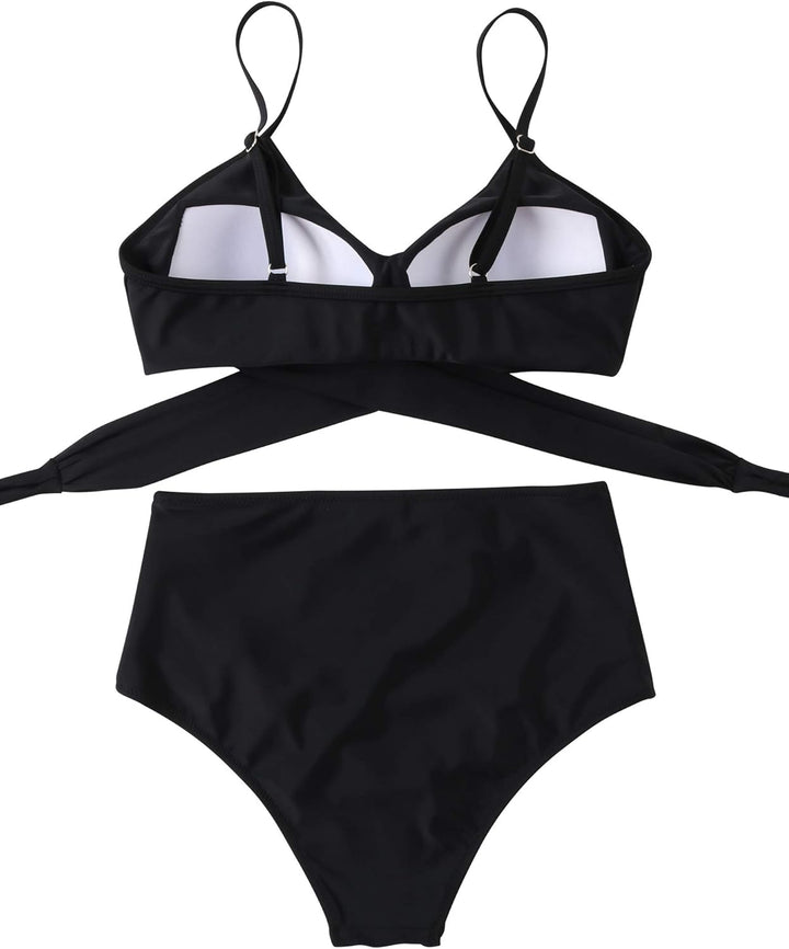 RXRXCOCO Damen Wickel Push Up Bikini Oberteil mit Bauchweg High Waist Bikini Set Bademode S Schwarz,