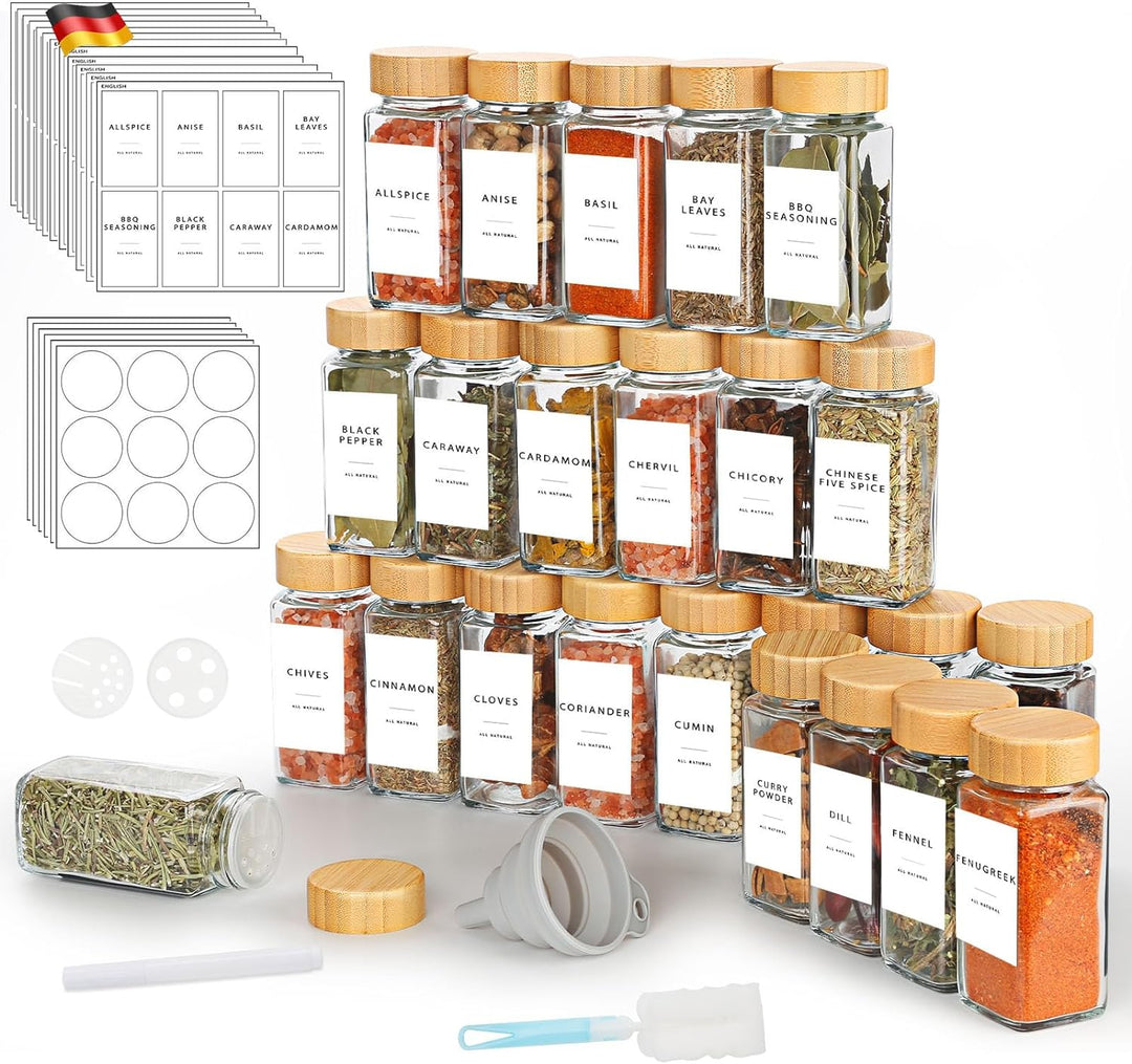 Lannvan Gewürzgläser Eckig Set [24 x 120ml] mit Bambus Deckel, Gewürzdosen mit 246 Etiketten, Gewürz