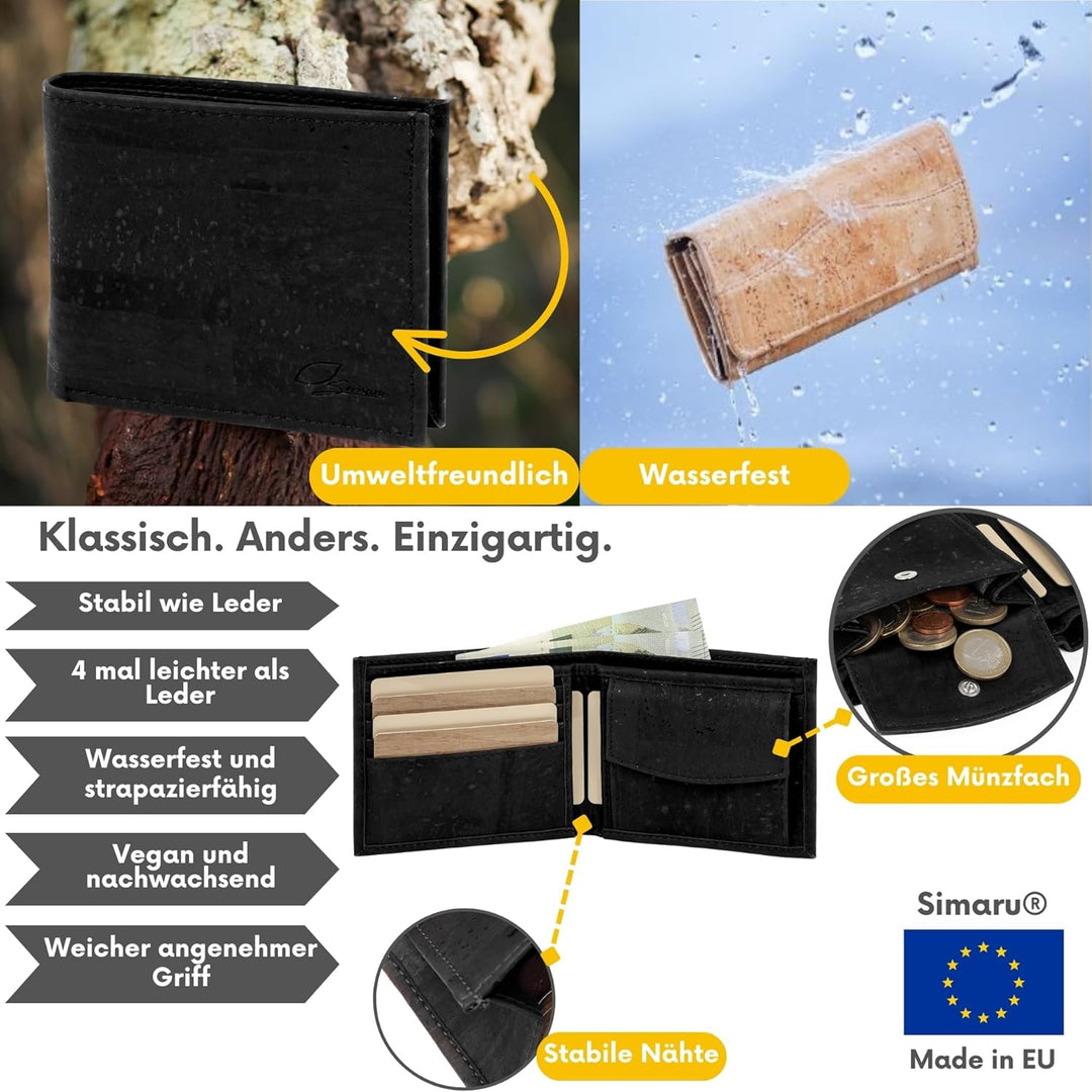 Simaru Geldbeutel Geldbörse Portmonee Vegan aus Kork,Portemonnaie mit RFID Schutz, hochwertiges Kork