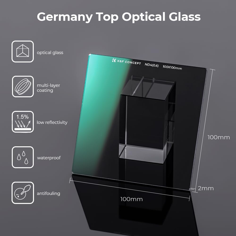 K&F CONCEPT Nano-X Rechteckfilter ND4(2 Stop) 100x100mm Square Filter Graufilter aus Optisches Glas,
