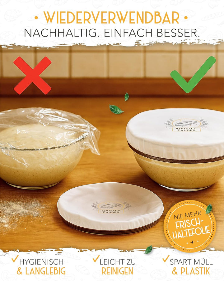 KRUSTENZAUBER 4x Abdeckhaube für Gärkörbe - Wiederverwendbar Gärfolie als Brot backen Zubehör – Gärh