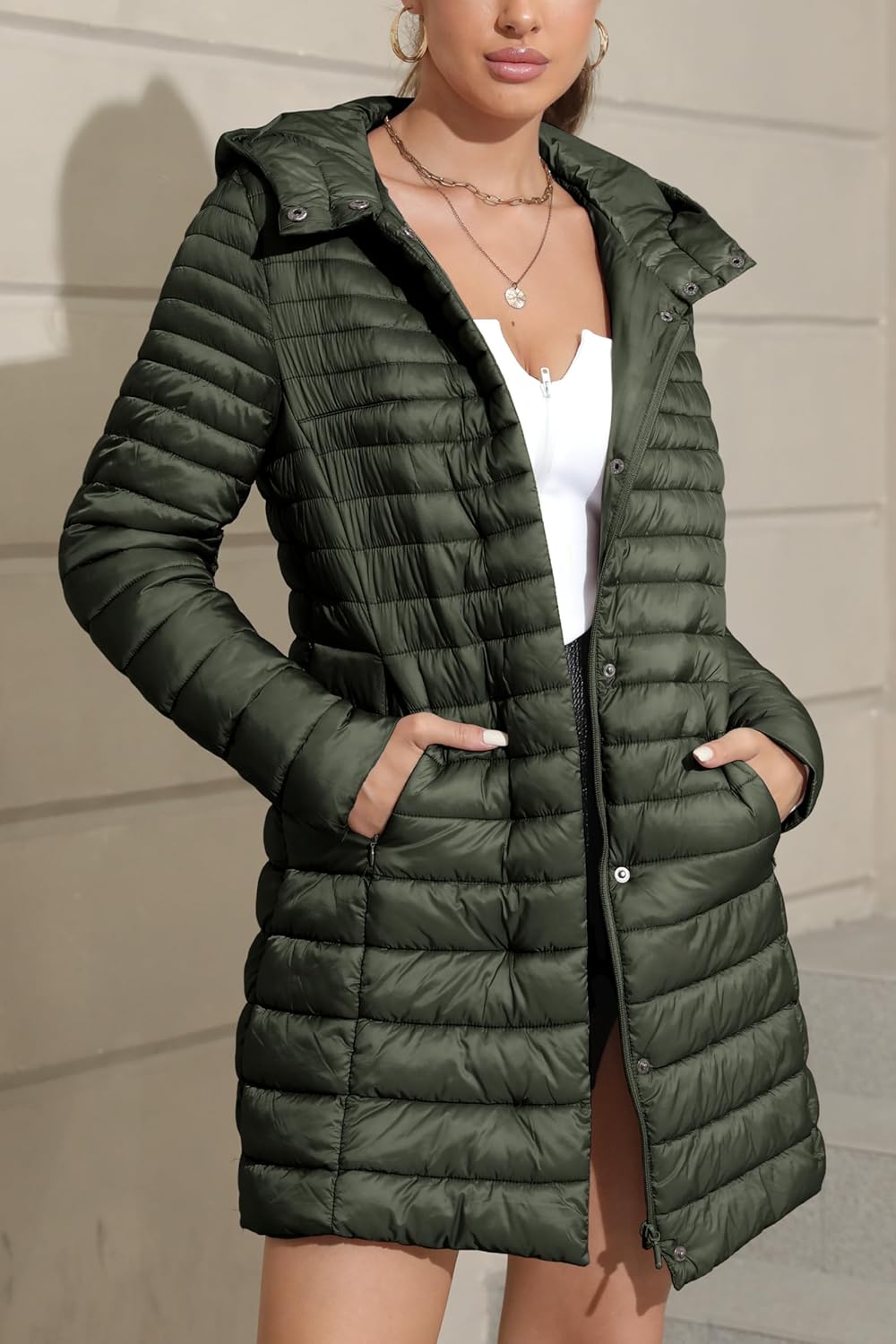 Geschallino Damen Grosse Grössen Gesteppt Leicht Winter Lang Steppmantel mit Kapuze (XL-5XL) XXL Grü