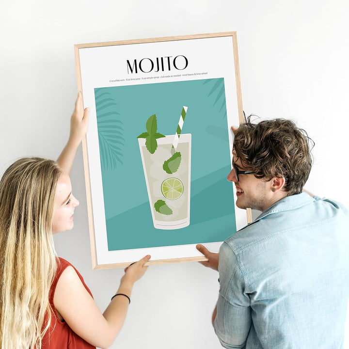 JUNOMI® Mojito Poster DIN A2, Cocktail, Longdrink, Bar, Getränke, Cocktail Set | mit Rahmen Natur DI