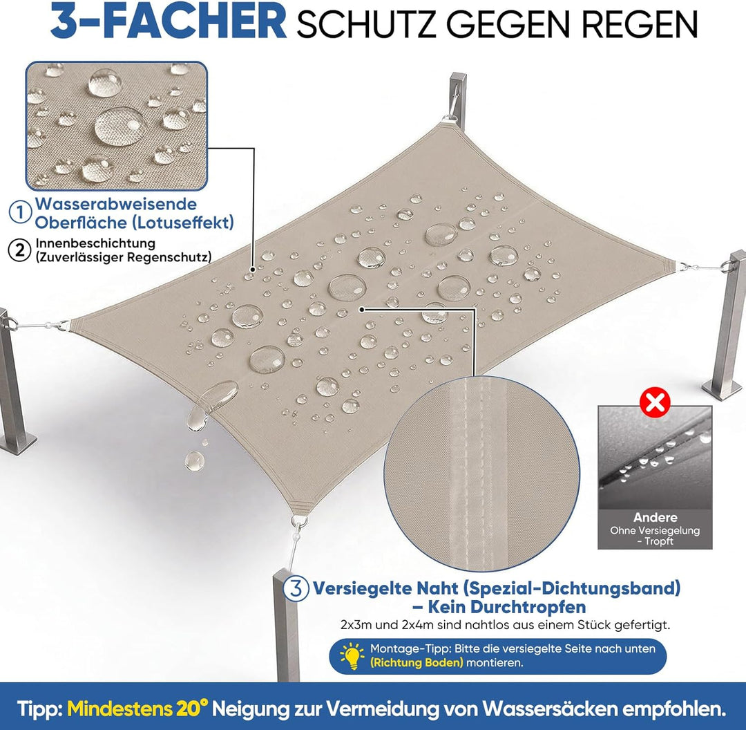 Sunula Sonnensegel Wasserdicht 3x3m Quadratisch – hochdichtes PES 160g/m², mit umlaufendem Gurtband