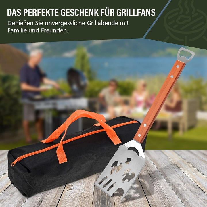 4 Stück Grillbesteck, Grill Zubehör Set mit Grillzange, Grillwender, Fleischgabel, Holzgriffen und A